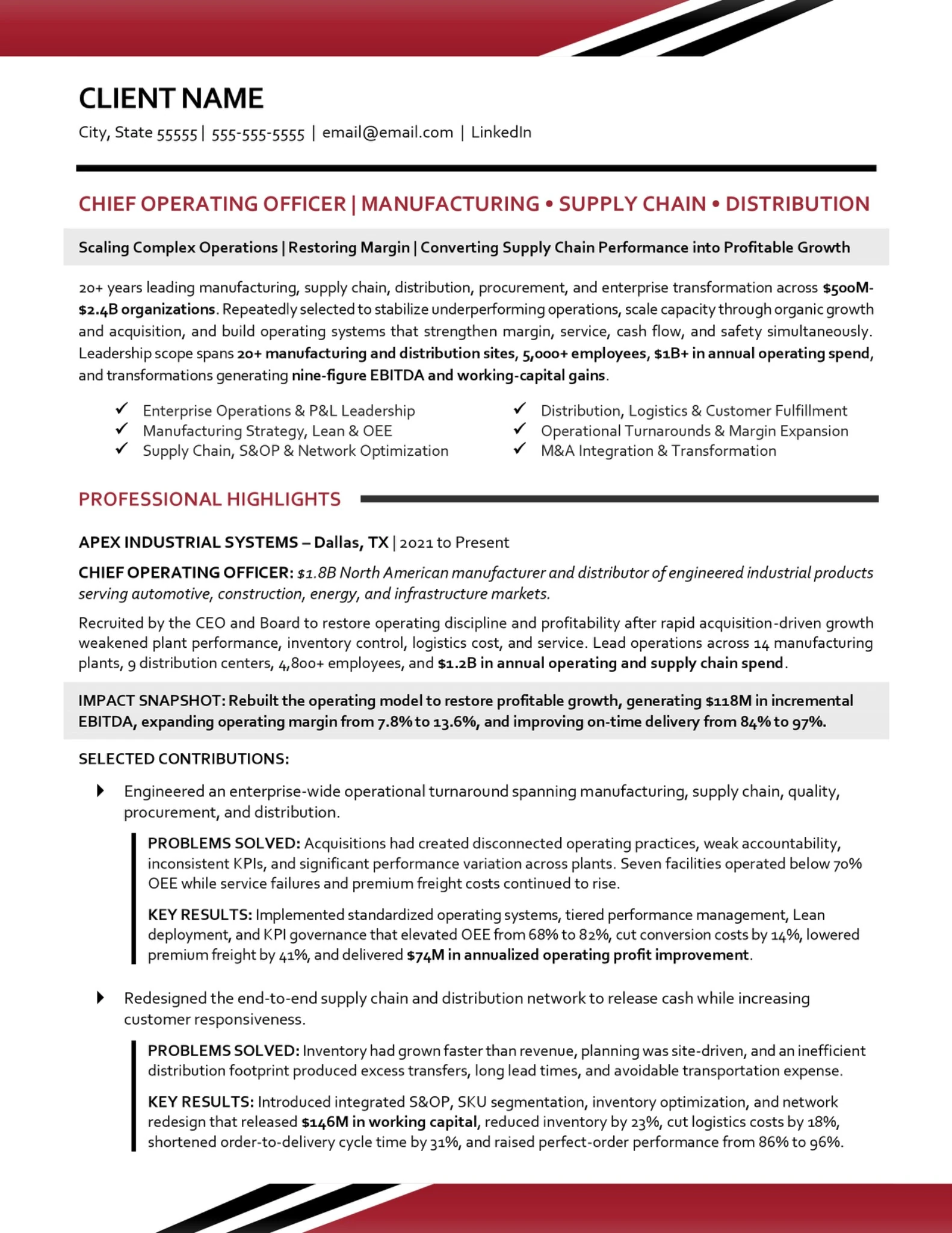 Chief Operating Officer resume sample