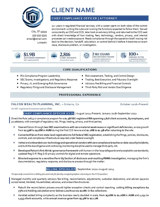 Chief Compliance Officer financial services resume sample